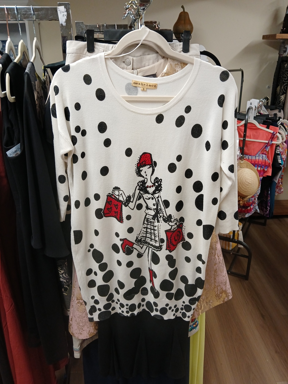 manhattan vintage White Polka Dot Graphic Sweater with Red Accents